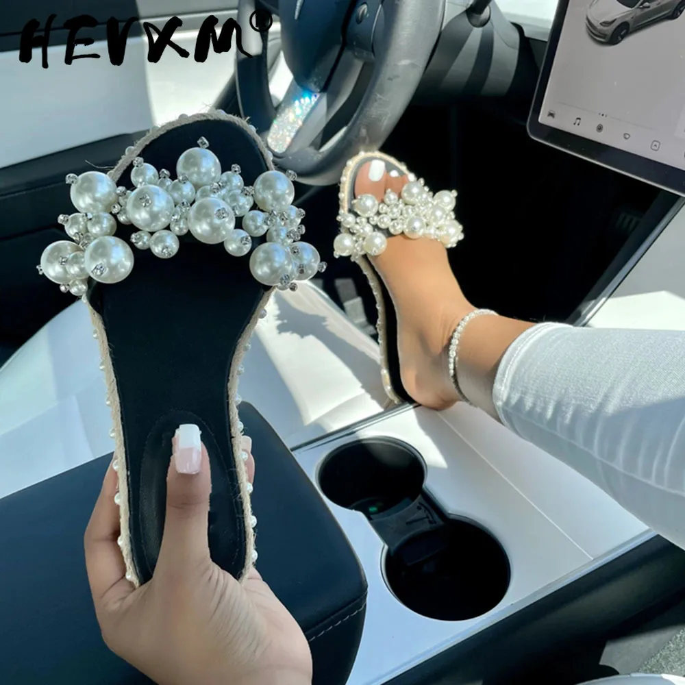 

2021 Pearl Slippers Women Summer Sandals 2021 Fashion Bling Female Candy Color Beach Diamond Slippers Flat Shoes Outdoor Sandals
