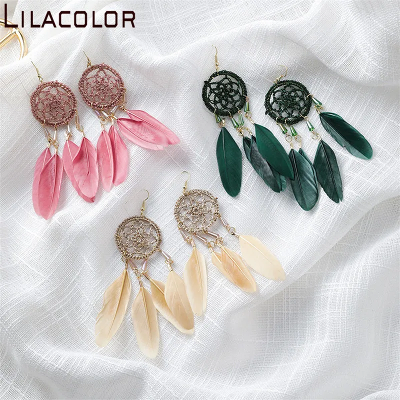 Lilacolor Ловец снов перья Женские Висячие серьги Boho Kahki розовый зеленый для девушек
