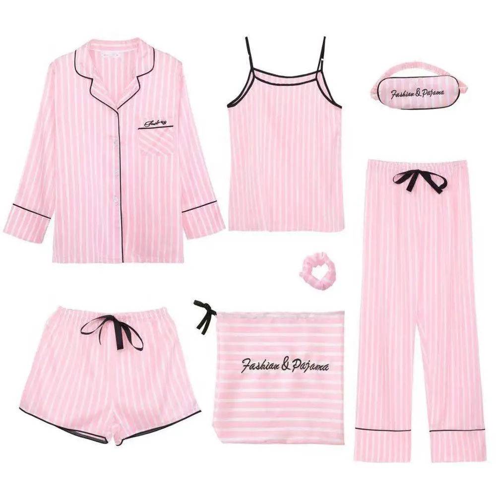 Pink Розовые женские пижамные комплекты из 7 предметов, эмуляционные шелковые полосатые пижамы, женские пижамные комплекты, домашняя одежда на весну, лето, Осень - Цвет: Pink