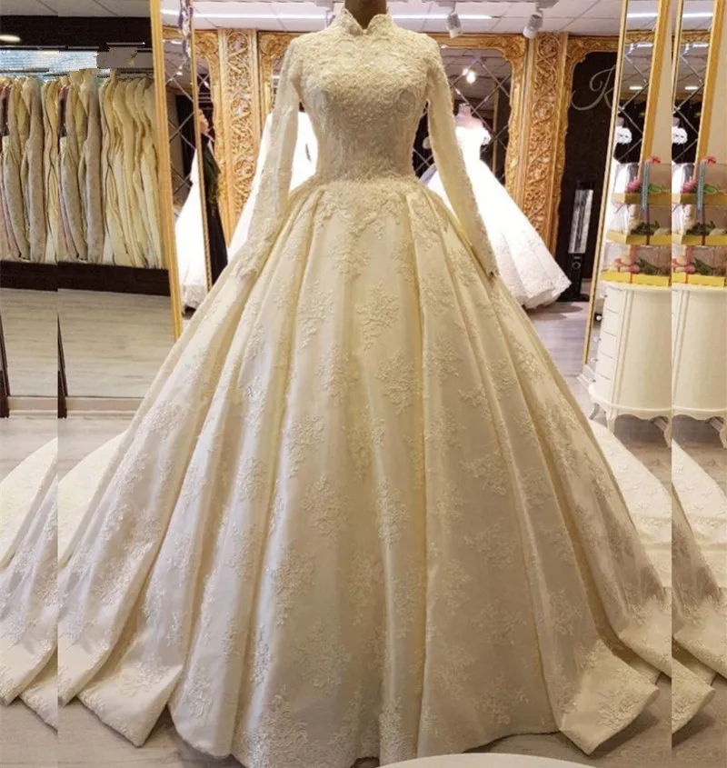 

Vestidos De Noiva одежда с длинным рукавом с высоким воротом, цвета слоновой кости, свадебные платья с одежда с длинным рукавом аппликация свадебны...