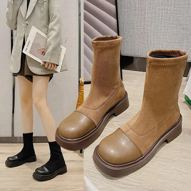 

Женские ботильоны без шнуровки, черные или коричневые ботинки на низком квадратном каблуке, 2021