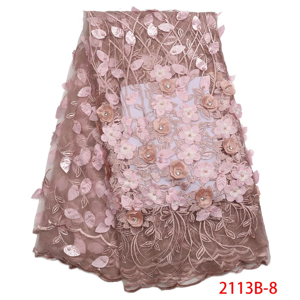 

3D Laces 2019 High Quality, Beaded Nigerian Lace Fabric 2018, Embroidery French Tulle Lace with Stones for Bridal KS2113B-5
