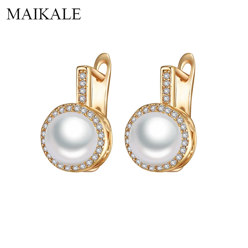MAIKALE, классические круглые маленькие серьги с жемчугом, золотые, серебряные, кубические циркониевые жемчужные серьги-гвоздики для женщин, корейские модные подарки