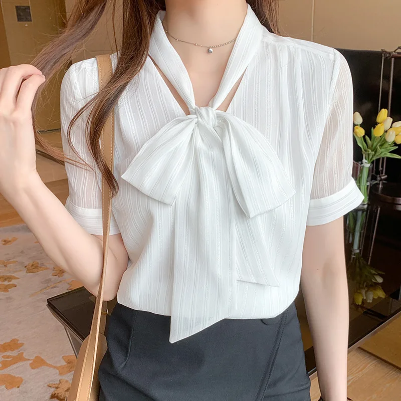 

2021 summer new sweet design temperament bowknot casual lace loose thin shirt girl