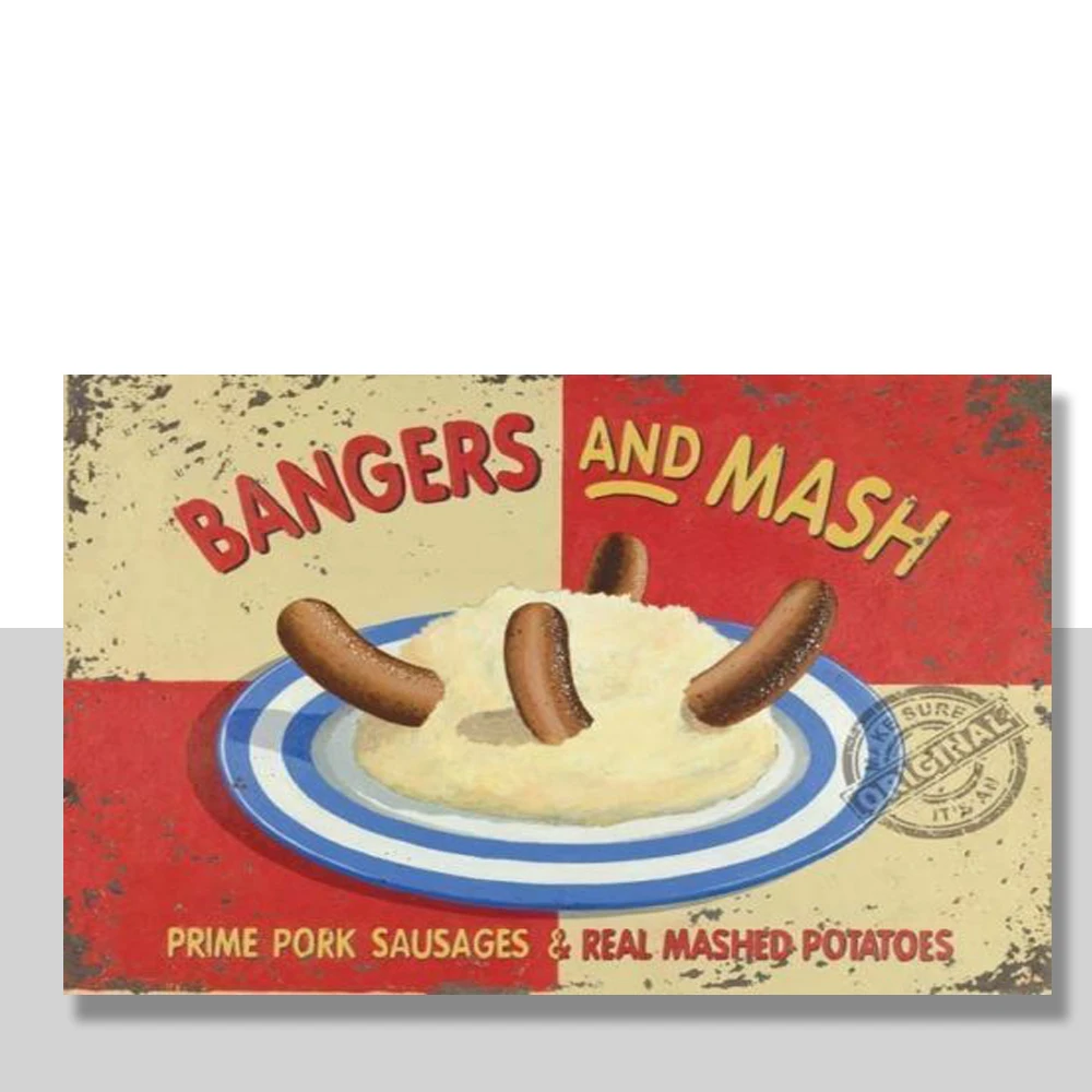 

Классический пищевой Металлический Стальной знак Bangers and Mash для кухни, кафе, столовой