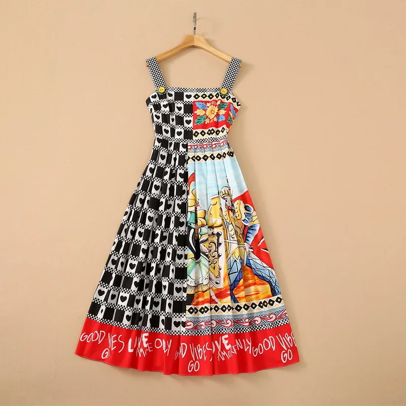 

European and American women's wear for summer 2021 Condole belt Fashionably retro printed pleated cotton dress