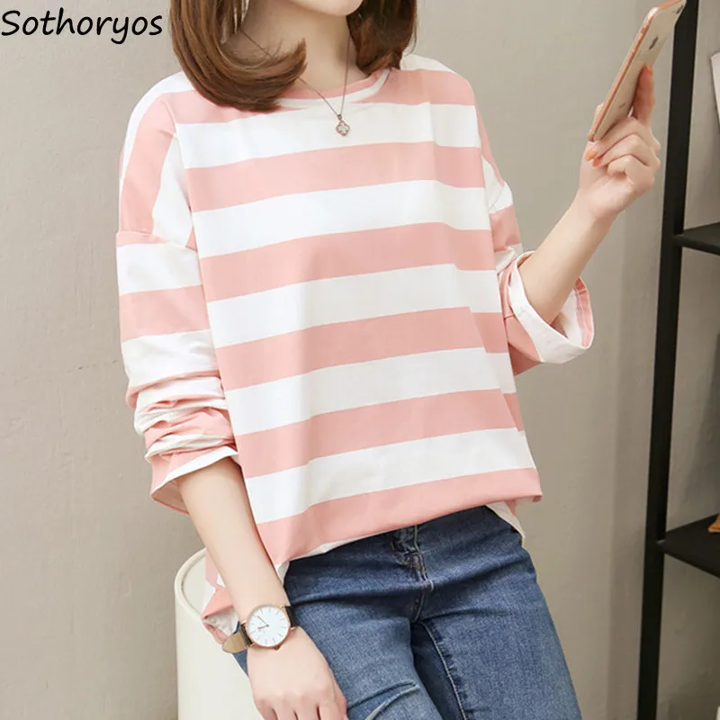

Long Sleeve T-shirts Women Striped O-Neck Korean Style Tees Loose Harajuku Streetwear Tops Simple Elegant Womens Trendy Students