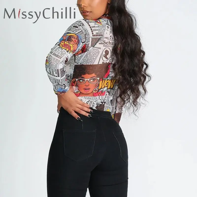 Модное облегающее боди MissyChilli с принтом газеты женская сексуальная уличная