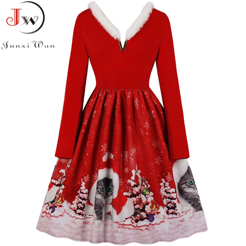 Красное рождественское платье для женщин зимний меховой воротник длинный рукав v