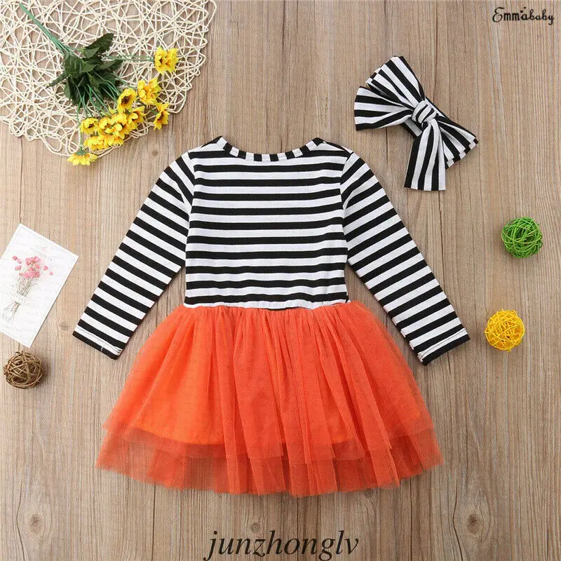 Модные Детские платья для девочек кружевные с длинным рукавом и принтом тыквы