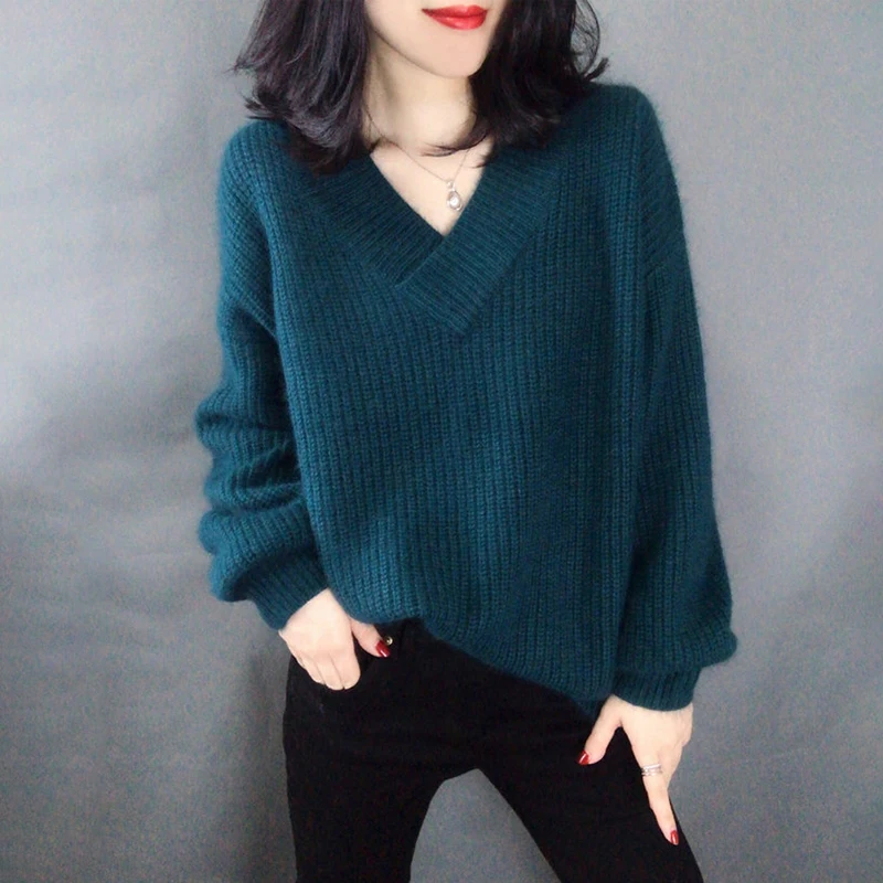 High Quality Women Knitted Sweater V-neck Casual Solid White Female Sweaters Pullover Femme | Женская одежда