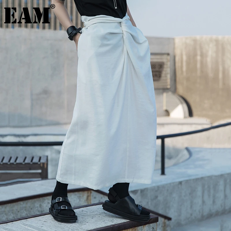 

[EAM] Женская юбка с высокой эластичной талией, белая юбка с узлом и разрезом, женская модная юбка, новинка, весна-осень 2022, 1S682