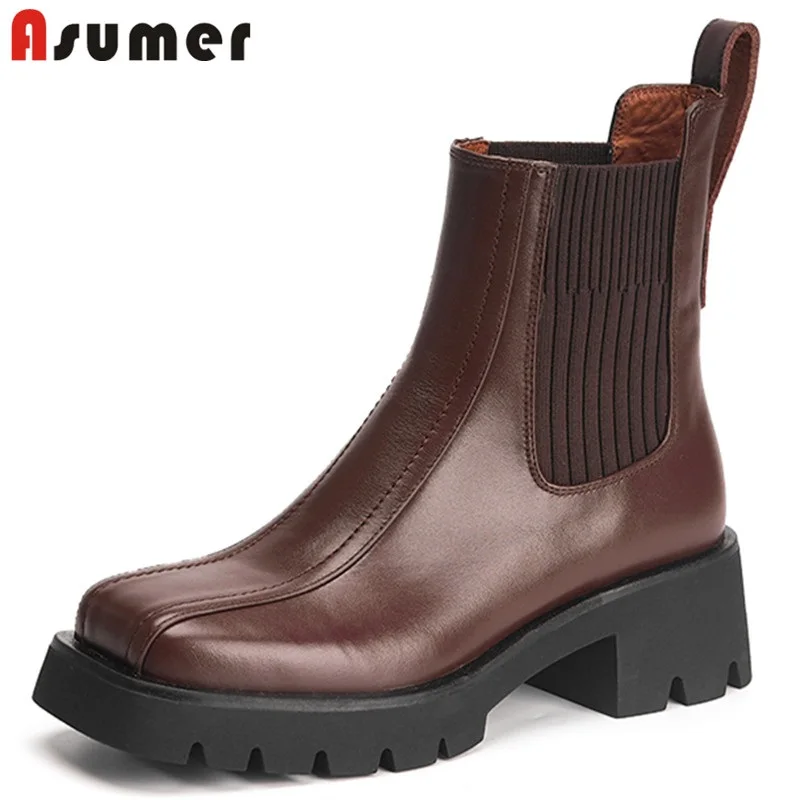 

Asumer Cow Leather Shoes Platform Thick Heels Ankle Boots Elastic Band Hand Made Female Boots Winter Retro Ladies Chelsea Boots