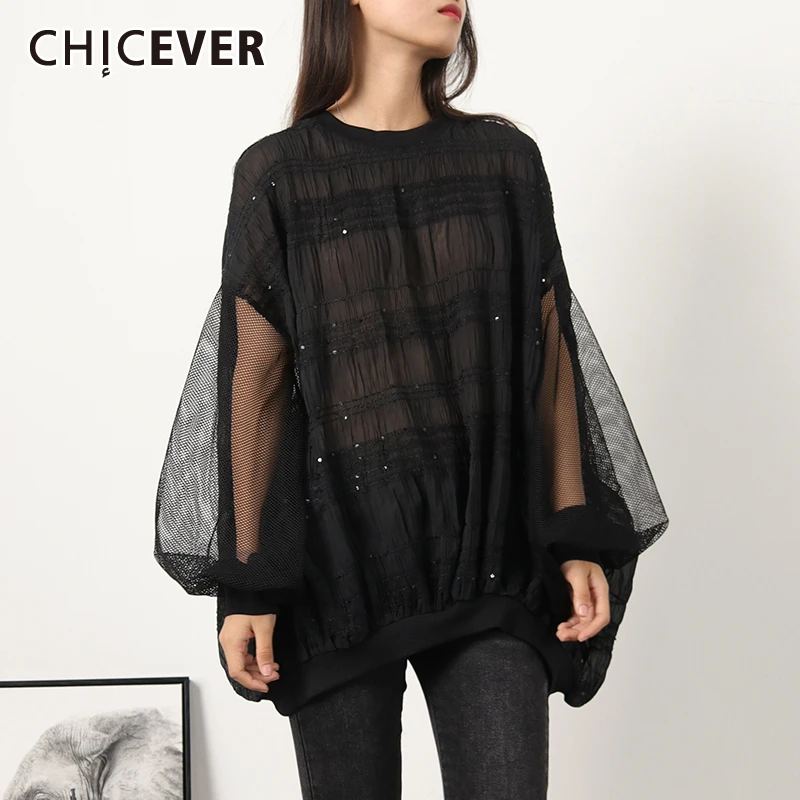 

CHICEVER Patchwork Mesh Women's T-shirt O Neck Batwing Sleeve Oversize Loose Hollow Out Asymmetrical Shirt Female 2020 Autumn