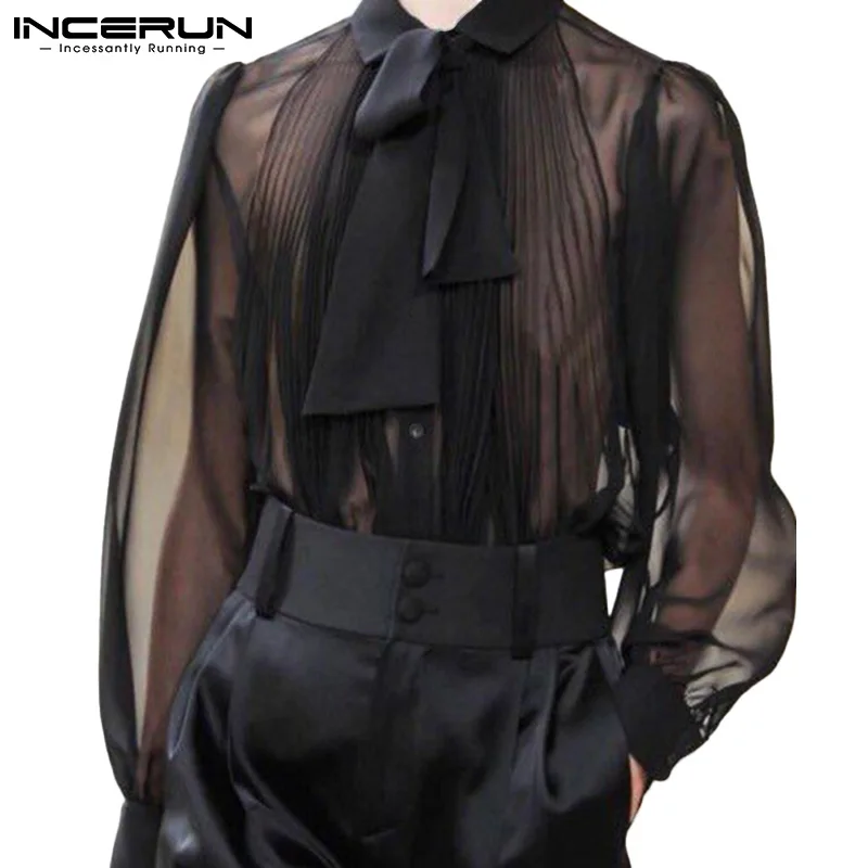 INCERUN Men Sexy Shirt Mesh See Through Lapel Long Sleeve Camisas WIth Tie Streetwear 2022 Pleated Solid Party Men Clothing 5XL