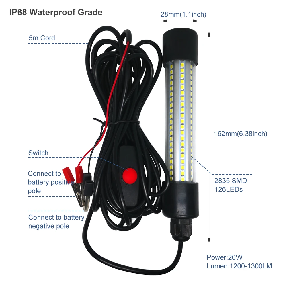 

1200LM LED Submersible Fishing Night Light Underwater Fish Lure Bait Finder Lamp Attracts Prawns Squid Krill Finder Lamp