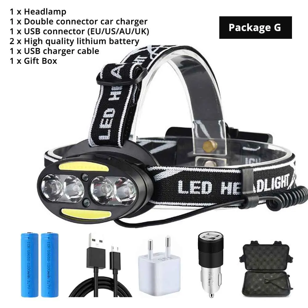Package G Супер яркий светодиодный налобный фонарь 4 x T6+ 2 x COB+ 2 x Красный светодиодный водонепроницаемый светодиодный налобный фонарь 7 режимов освещения с зарядным устройством - Испускаемый цвет: Package G