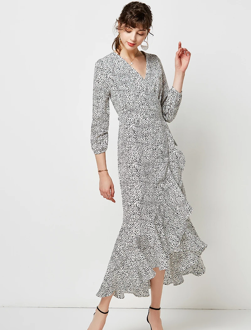 Женское повседневное длинное платье в горошек с разрезом, сексуальное платье с v-образным вырезом и рукавами три четверти, Белое Платье макси с оборками, женское платье