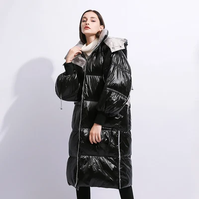Black Высококачественный пуховик для женщин, модное длинное пальто с капюшоном, зимняя куртка, толстое теплое пальто, парка для женщин, белое пуховое пальто - Цвет: Black