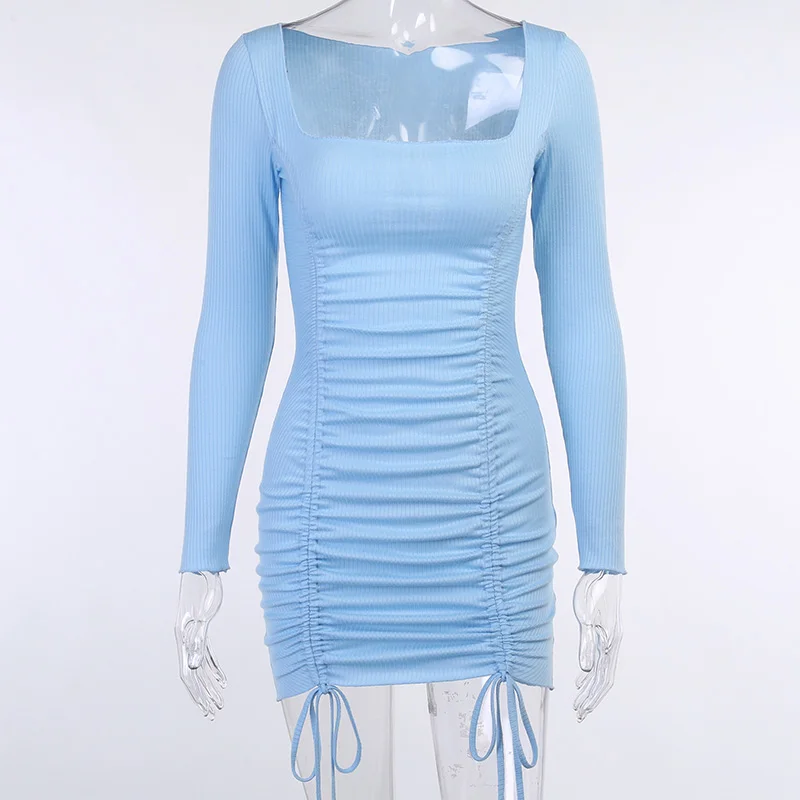 

Square Collar Long Sleeve Party Dress Side Drawstring Draped Solid Color Slim Bodycon Elastic Autumn Sexy Fashion Mini Dress2020