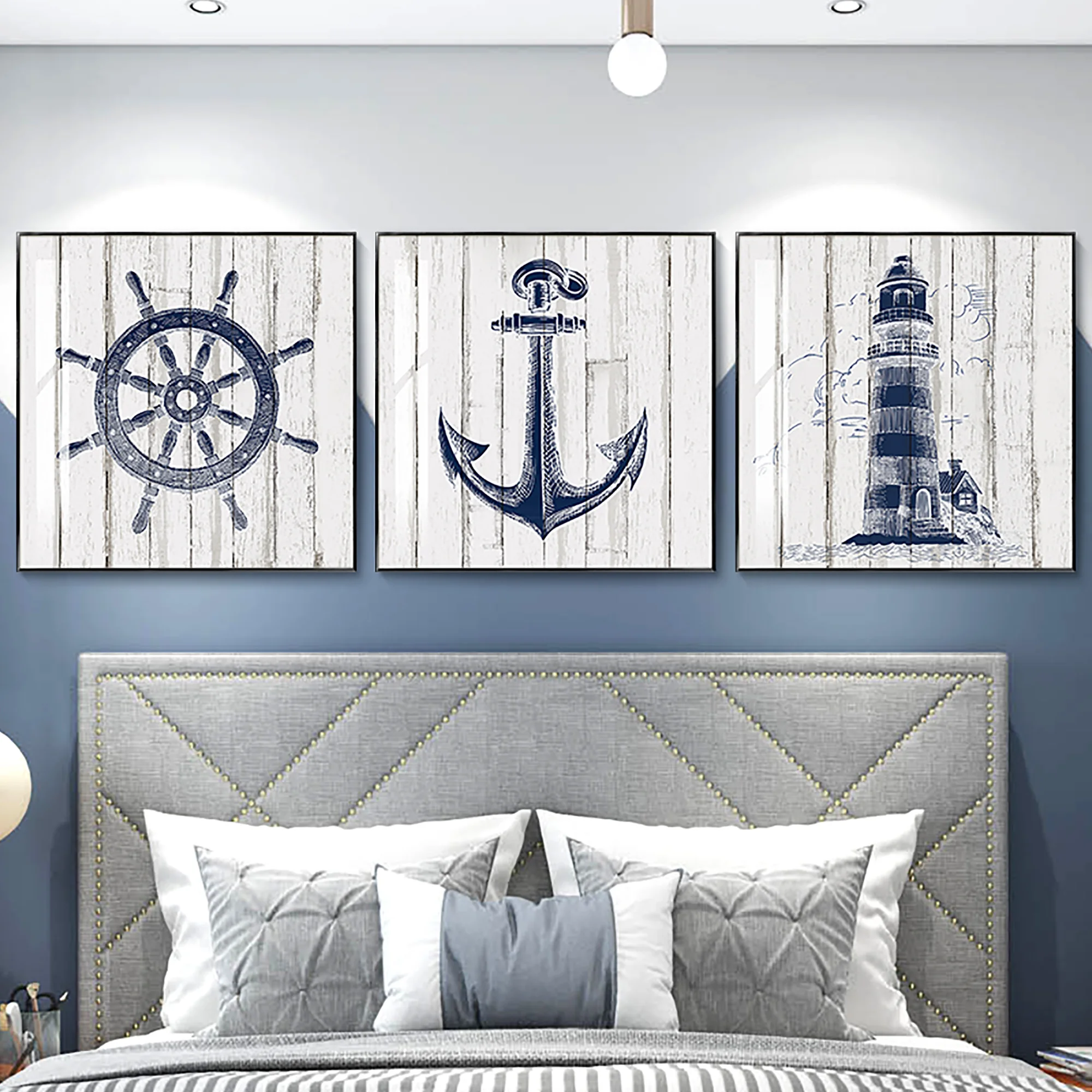 

Nautical Nursery Wall Art Canvas Painting Navy Pictures Anchor Compass Lighthouse Posters for Mediterranean Boy Room Home Decor