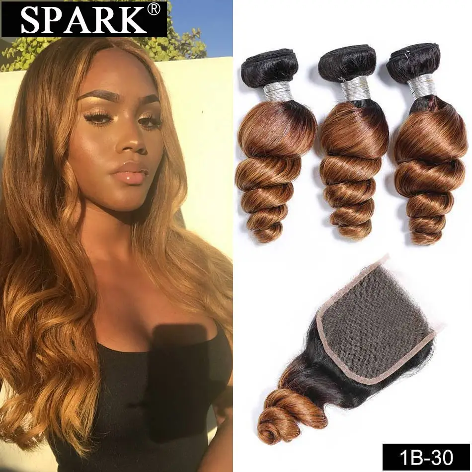 Spark Ombre, бразильские свободные волнистые пряди с закрытием, свободная часть, волосы remy для наращивания, человеческие волосы в пучке с кружевной застежкой L - Цвет: T1B 30