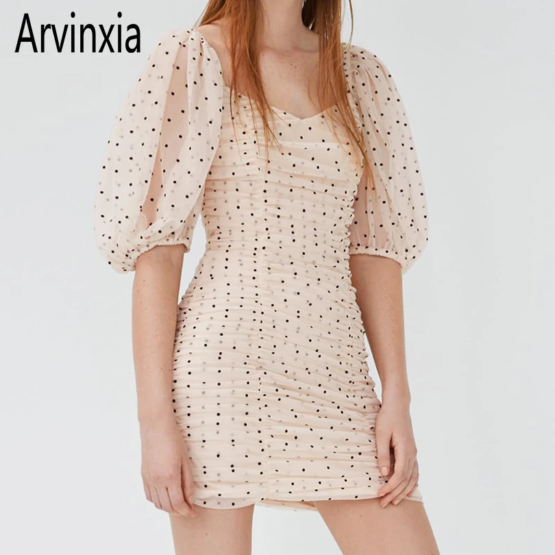 Arvinxia ZA повседневное женское летнее платье в горошек новое с рукавами фонариками