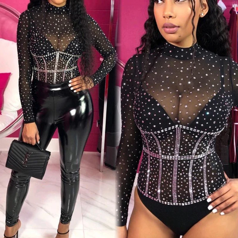 

Pole Dance Performance Stage Costume Sexy Mesh Full Rhinestone Bodysuit Nightclub Bar Gogo Jazz Dancewear Rave Outfits VDB4730