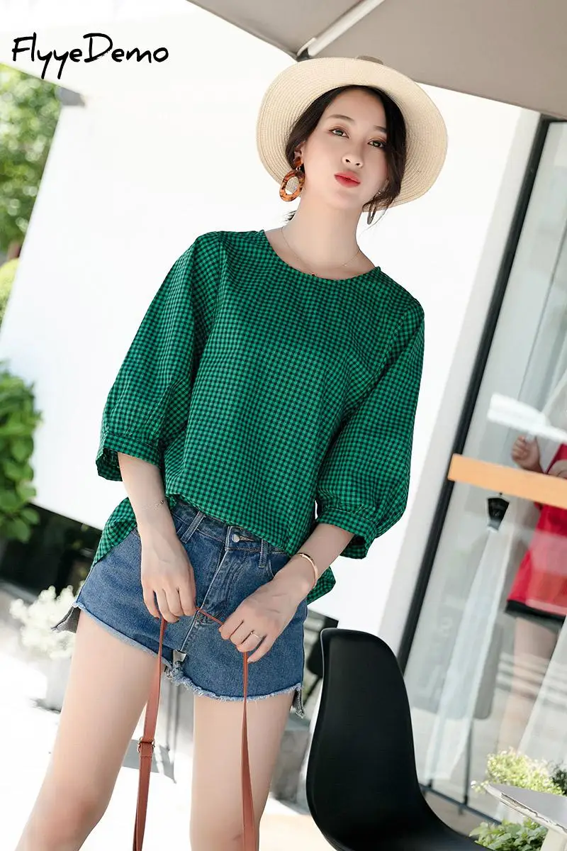 6XL в винтажном стиле с круглым вырезом Блуза клетку для женщин пышными рукавами