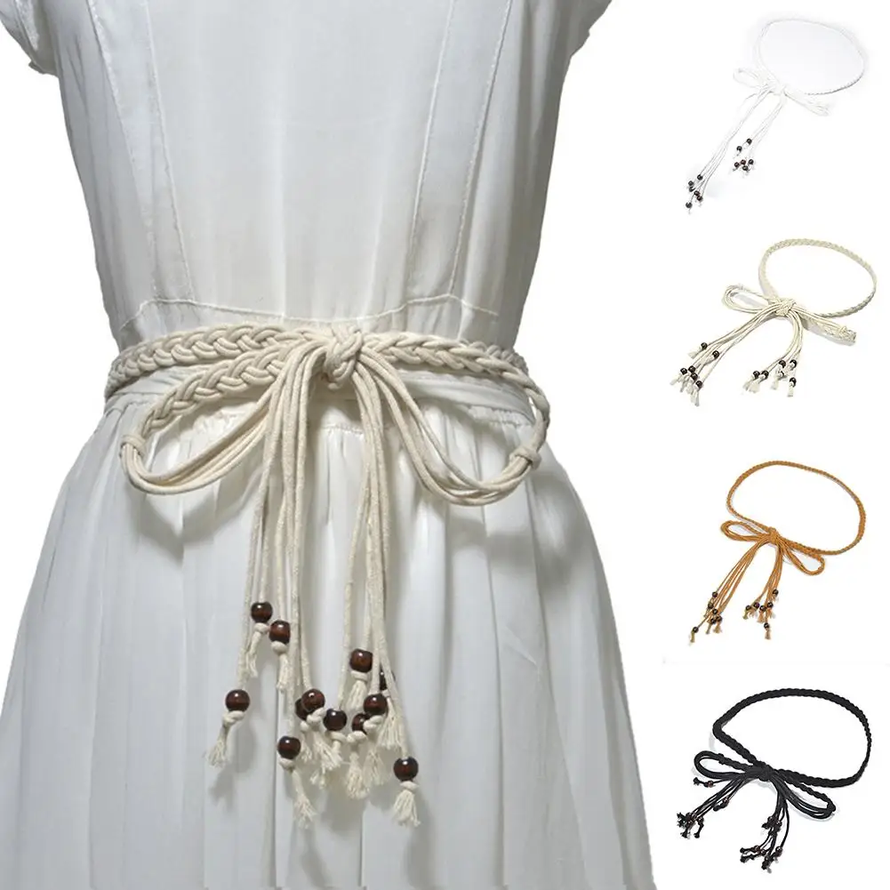 

Ремень женский плетеный в богемном стиле, тонкий обтягивающий пояс с бусинами, самозавязывающийся пояс, аксессуары для женщин