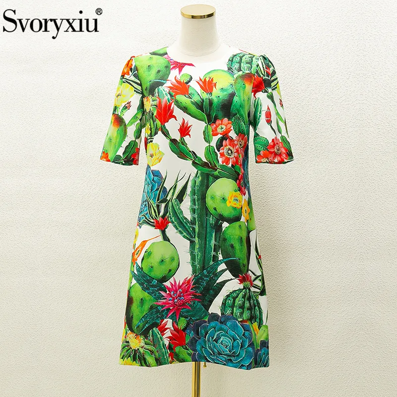 

Svoryxiu 2021 New Runway Custom Summer Fashion Dress Women's Elegant Short Sleeve Cactus Flower Print Green Loose Short Dresses