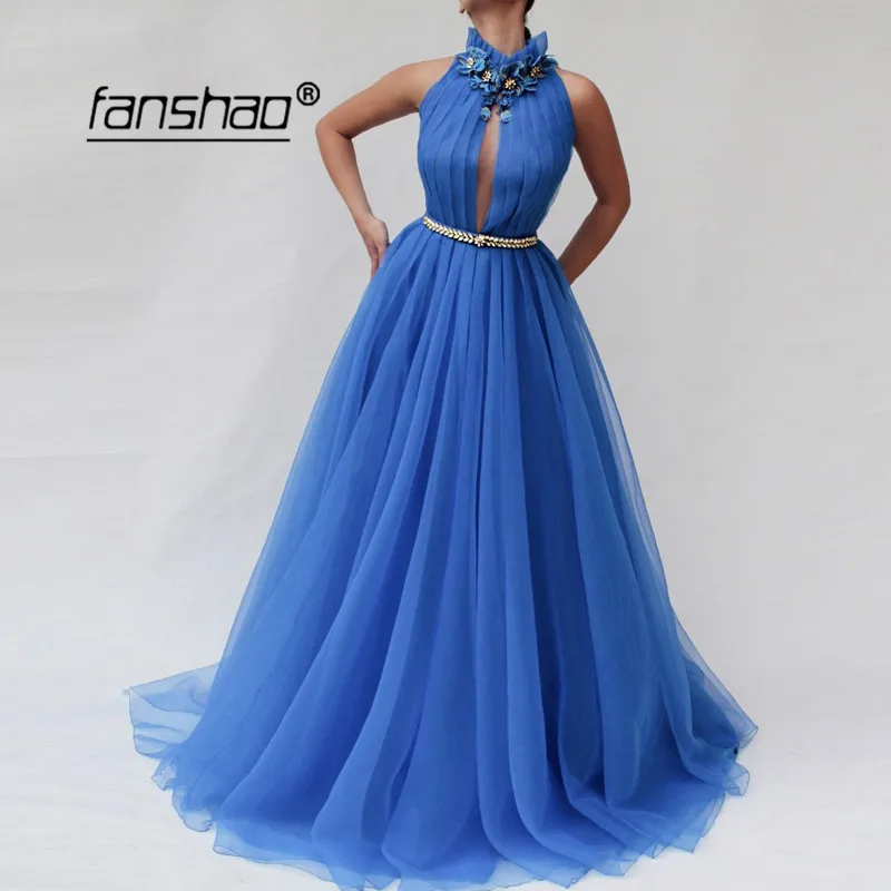 

High neck Evening Dresses Appliques Flowers Organza Stones Dubai Saudi Arabic Evening Gown Prom Dress