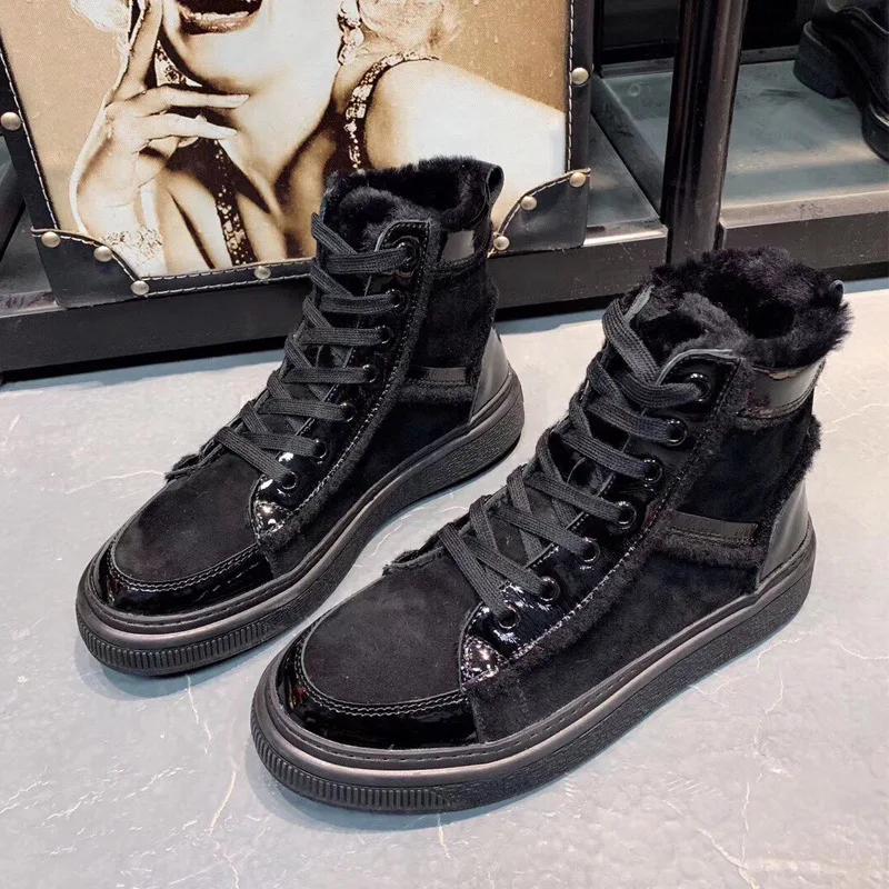 

Winter Genuine Leather Vulcanized Women's Boots 2019 New High Flat Lace Fashionable Comfortable Plush Warm Casual Cotton Shoes