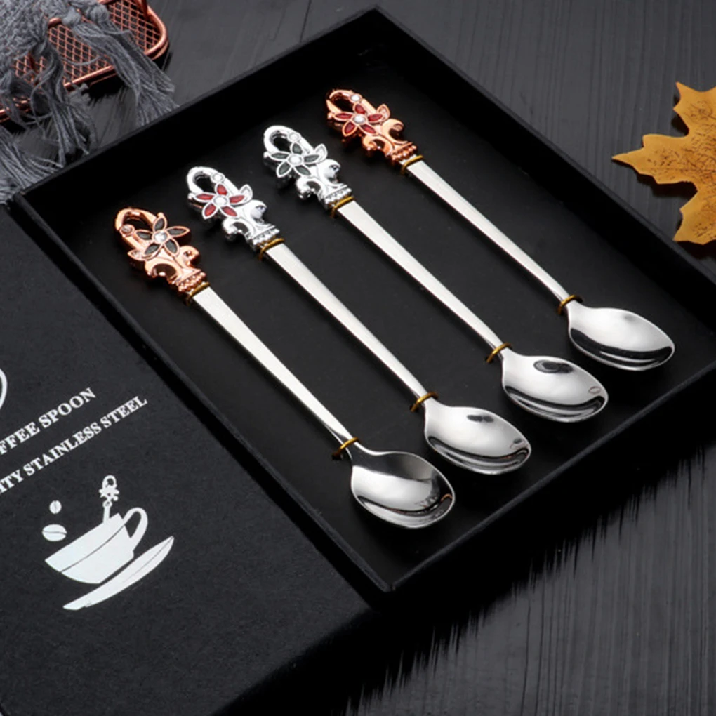 1/4pcs 304 Stainless Steel Teaspoon Long Handle Flower Head Spoon Coffee Soup Drink Cereal Dessert Dinning | Дом и сад