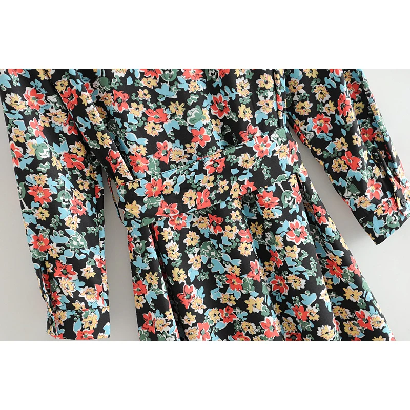 Модное винтажное женское платье с цветочным принтом и длинным рукавом из