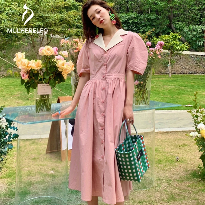 

Shirring Puff Sleeve Dresses Female Mid-Calf A-Line Dress Summer Women Clothes V-Neck Summer Dress Cotton Ladies Sundresses