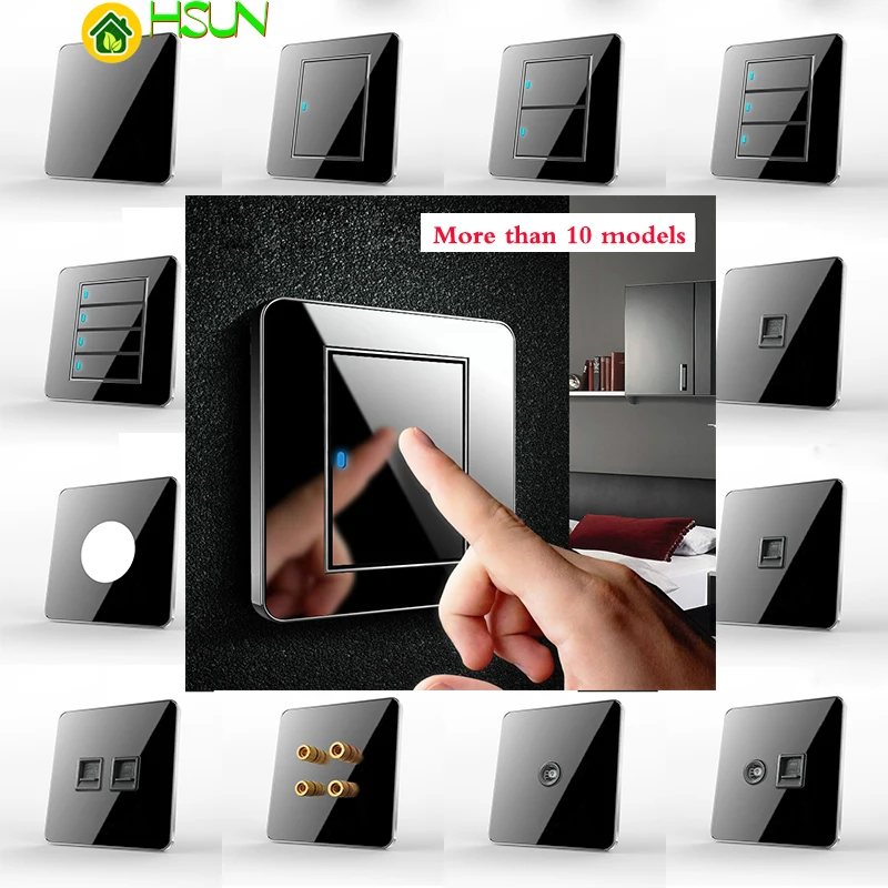 Type 86 Black mirror switch Household Wall TV Computer socket LED Light- Point 1 2 3 4 gang way EU USB | Обустройство дома