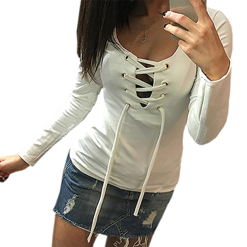 5 цветов Женские повседневные футболки топ сексуальный бандаж шнуровка длинный