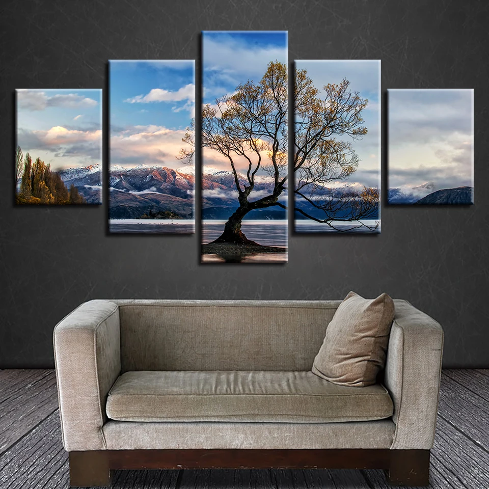 HD печатные настенные художественные украшения 5 шт. дерево горы голубое небо