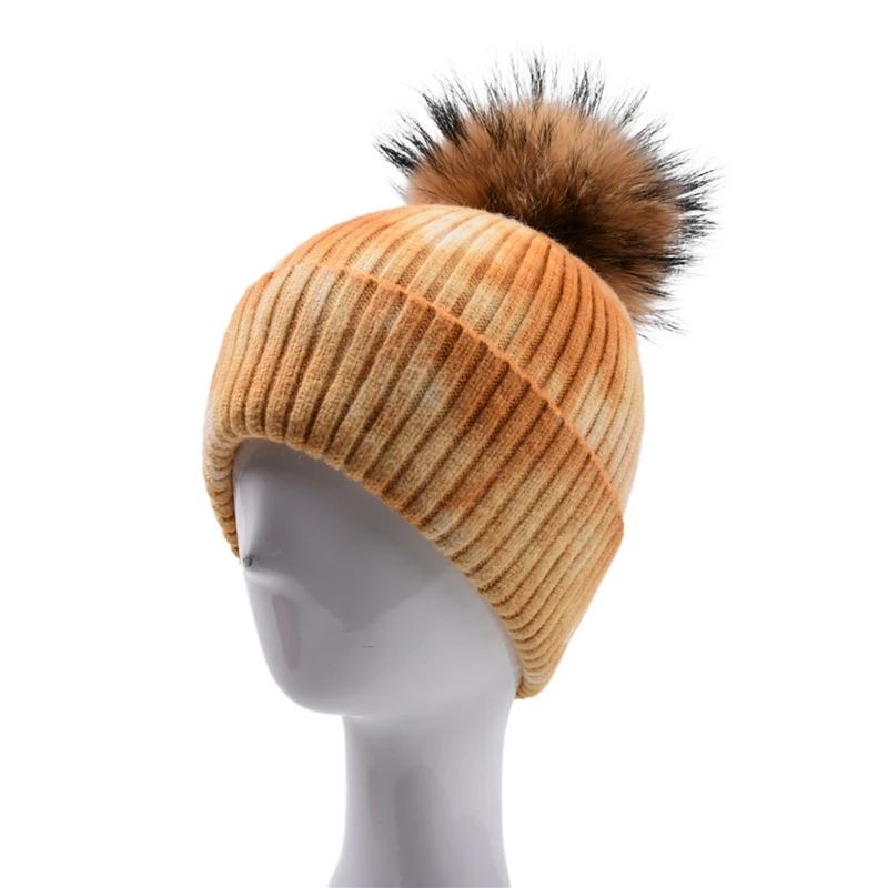 

Women Men Winter Warm Hat Ribbed Knitted Beanie With Detachable Fluffy Pompom Gradient Tie-Dye Print Harajuku Windproof Hats