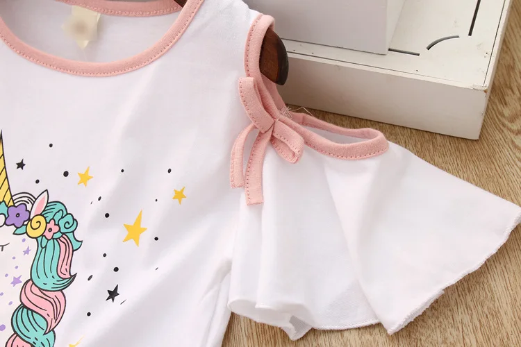 Лето 2020 детские костюмы с единорогом комплект радужной одежды открытыми плечами