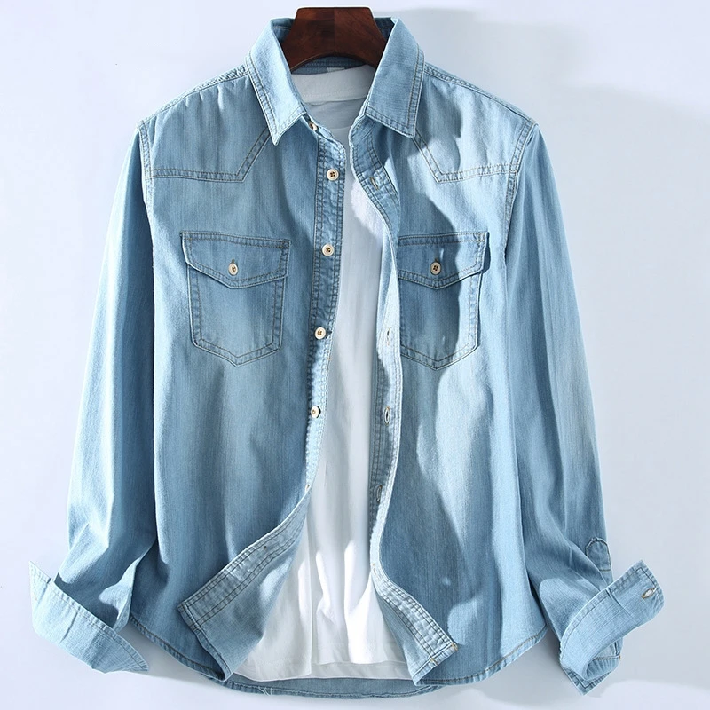 

PEVSN Mens Denim Shirt Tropical Casual Men Long Sleeve Windbreaker Shirt Male Cotton Cowboy Jean Shirts Clothing 3XL,YA934
