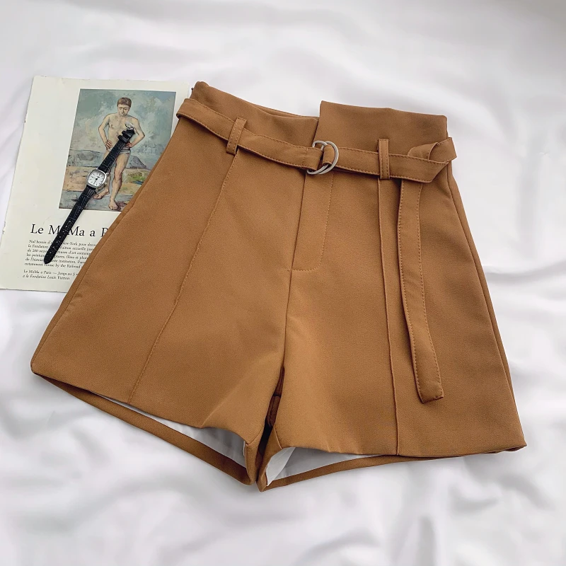 

Fitaylor New Spring Summer Office Lady Solid Color Wide Leg Shorts with Belt Women Casual High Waist A-line Irregular Shorts