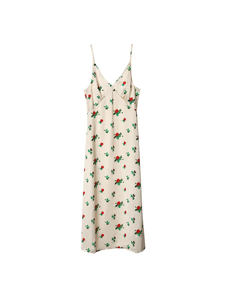 

2021 Female Spring New Rose Print Dress Sexy V Neck Dew Back Thin Suspenders Dress
