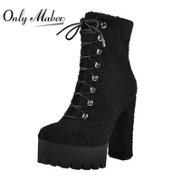 onlymaker winter womens black lamb wool ankle booties cross lace up platform chunky high heel 2021 fashion big size