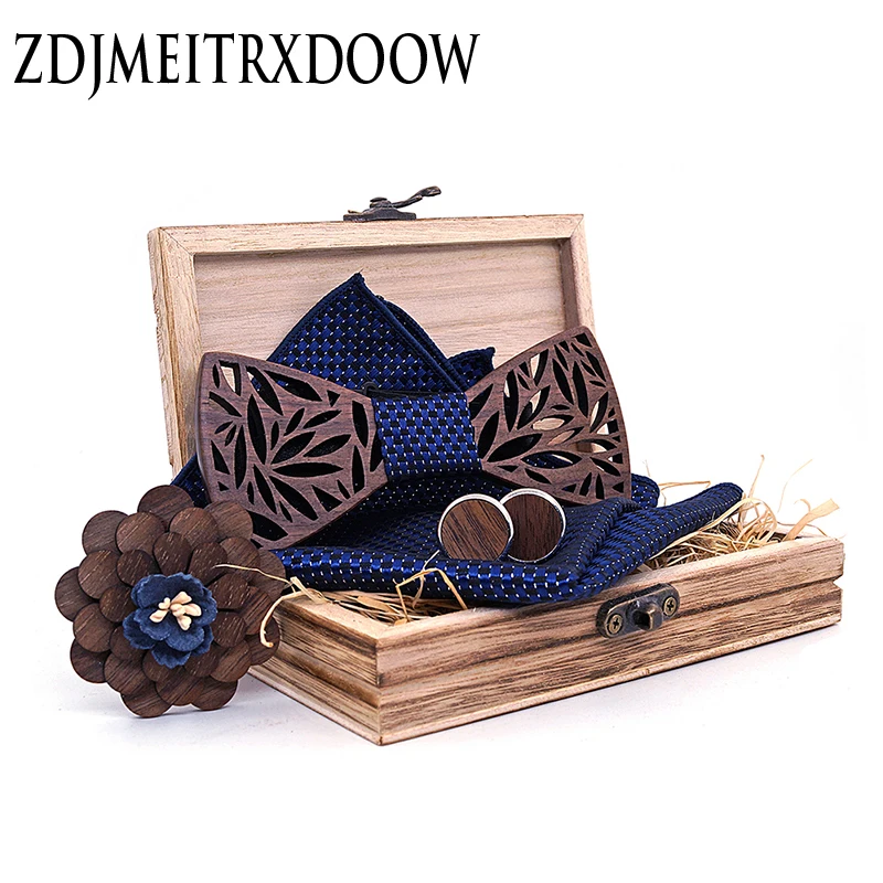 

2020 Navy Blue Hollow Carved Wooden Bowtie Pocket Square Set Navy Floral Wood Bow Ties For Men Wedding Box Fashion Novelty T201