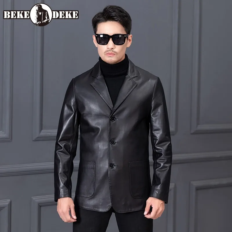 

Business Men Single Breasted Slim Fit Sheepskin Genuine Leather Blazer Jacket Office Work Suit Top Coat Autumn Man Plus Size 6XL