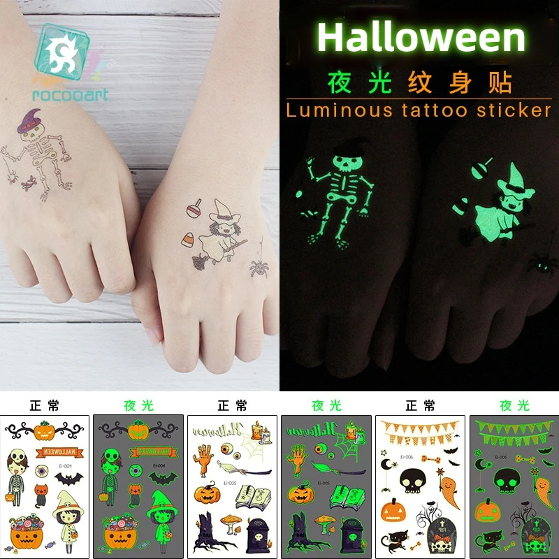 

Halloween Luminous Tatto Ghost Taty For Kids Fake Tatoo Witch Glowing in Dark Pumpkin bat Waterproof Temporary Tattoo Stickers