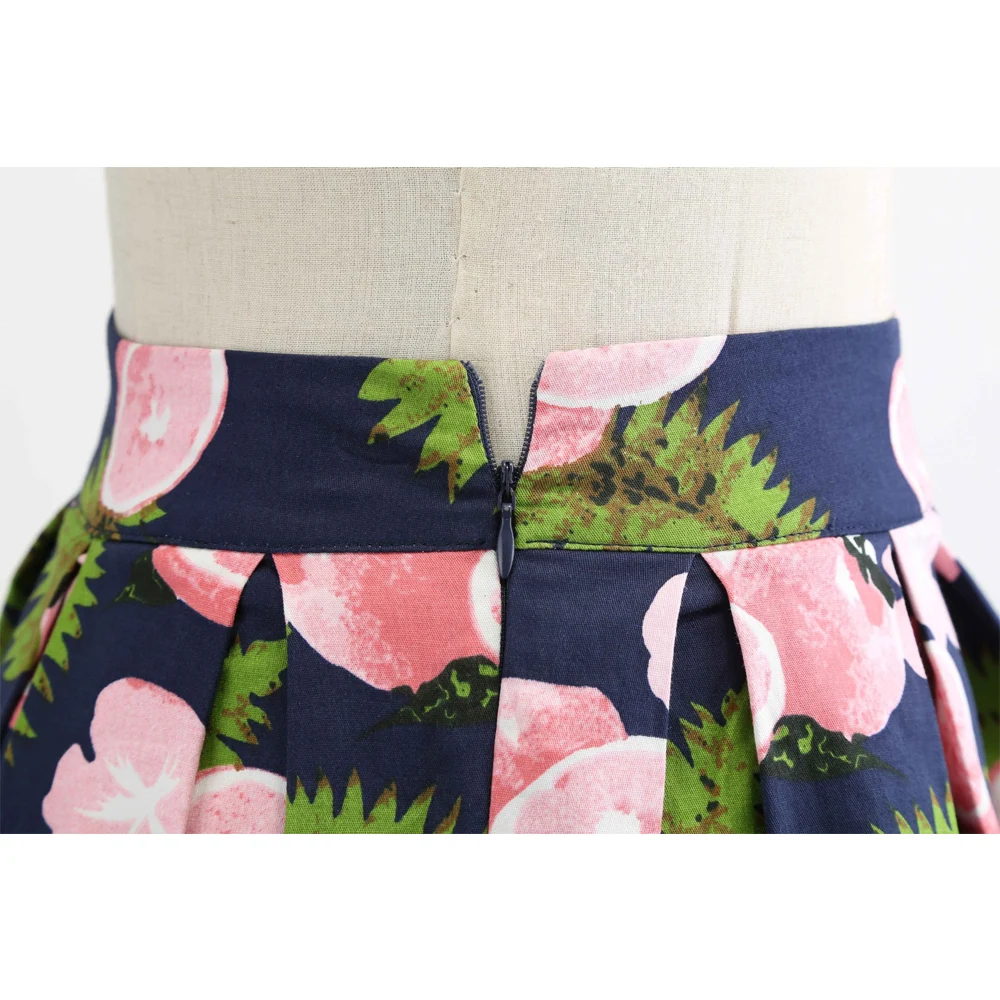 

2021 New Lemon Print Black Cotton Skirt Female High Waist Swing A Line Vintage Summer Skirts SP1130