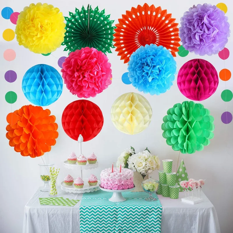 

20Pcs Colourful Party Fiesta Decorations Paper Fans Paper Flower Ball Honeycomb Balls Set for Wedding Birthday Events Festival S